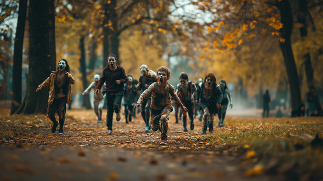 Zombie-Themed Fun Run, kids and adults dressed as zombies participating in a charity fun run through a city park, Halloween, with copy space