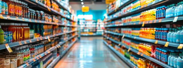 Supermarket aisle filled with colorful beverages and products