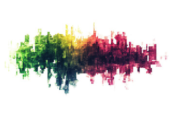 Obraz premium Abstract colorful soundwave render. Vibrant digital art with a mix of green, blue, purple, and yellow hues capturing a dynamic sound pattern.