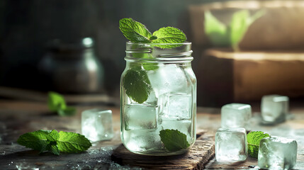 Chilled ice cubes with mint leaves in a mason jar, surrounded by rustic décor, capturing a simple
