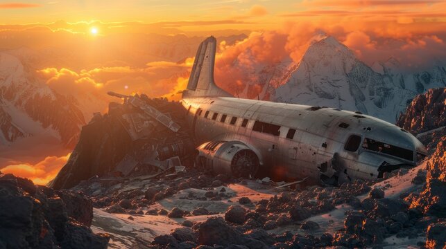 A crashed airplane is on a mountain top - Powered by Adobe