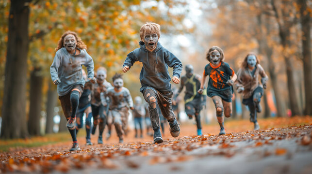 Zombie-Themed Fun Run, kids and adults dressed as zombies participating in a charity fun run through a city park, Halloween, with copy space