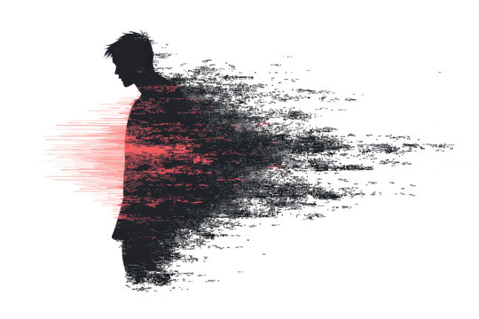 Abstract image of a silhouette dissolving into particles, symbolizing fragmentation, dispersion, or fading away.