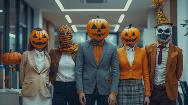 Office Costume Contest, employees wear creative costumes and compete for prizes, Halloween, with copy space