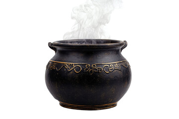 Antique black cauldron with decorative patterns emitting smoke, isolated on transparent background. representing mystic or magical theme.