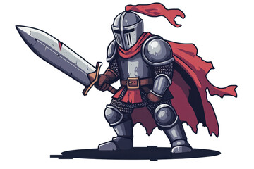 Naklejka premium Cartoon knight in armor with a red cape and sword, ready for battle, isolated on transparent background.