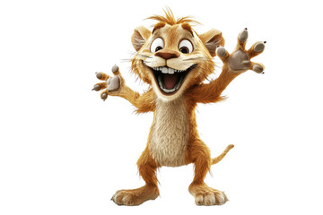 Cheerful animated lion cub with open arms and wide smile isolated on transparent background. Ideal for children's content and graphics.