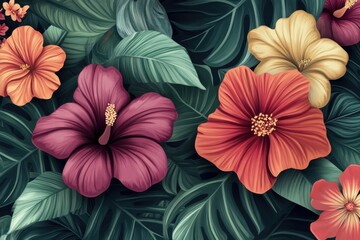 Vibrant Hibiscus Flowers Amid Lush Tropical Foliage