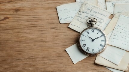 A vintage pocket watch resting on an old wooden table, surrounded by faded letters and postcards, symbolizing the passage of time antique watch, timeworn objects