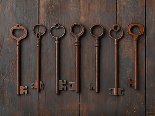 Rusty key collection hanging on a weathered board, with chipped paint and textured background antique keys, timeworn, rust