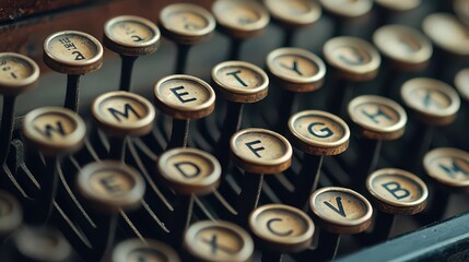 Vintage typewriter keys with worn-off letters, surrounded by yellowed paper antique typewriter, timeworn, retro writing