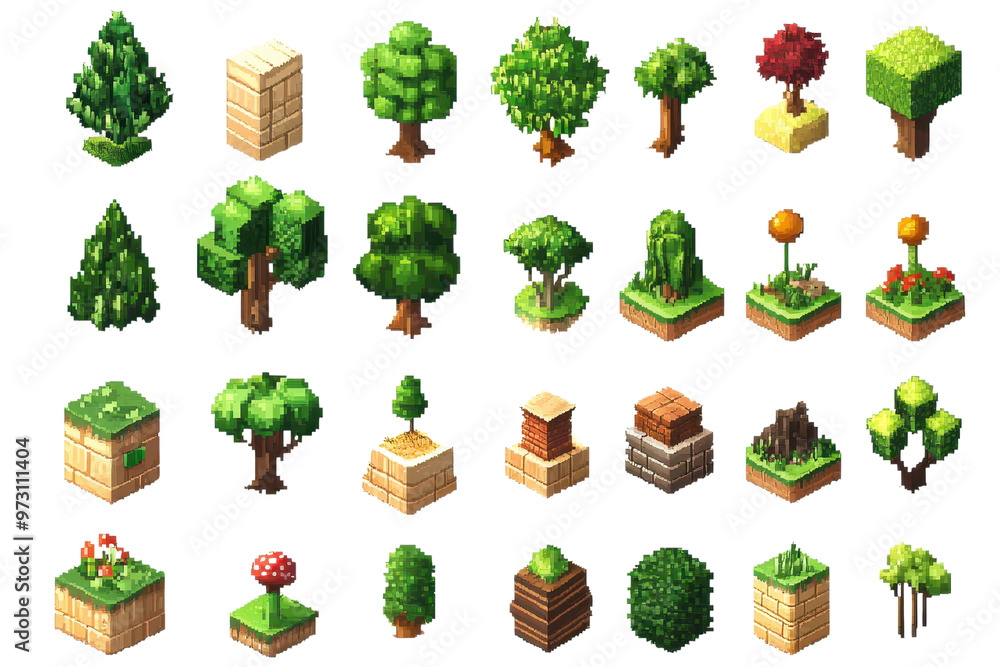 Aufkleber collection of pixel art trees and plants in various shapes and colors, perfect for video game design