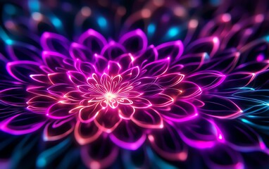Obraz premium Vibrant digital flower with glowing petals in purple and blue hues, creating a mesmerizing and ethereal visual effect.