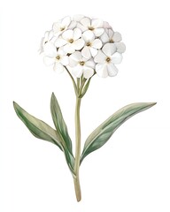 Obraz premium A single white flower with green leaves isolated on a white background.