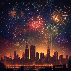Stunning fireworks illuminate a vibrant city skyline, celebrating a festive night with bursts of color against the dark sky.