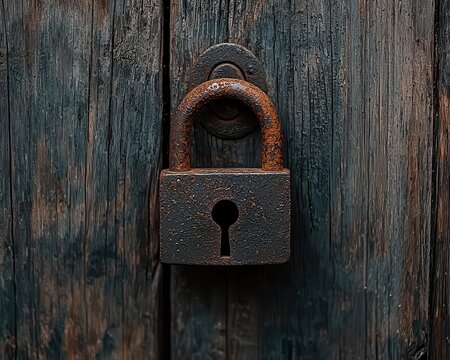 A rusty padlock still attached to a decayed wooden door, symbolizing old secrets and forgotten places antique padlock, timeworn, rusted security