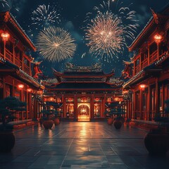 A vibrant scene of traditional architecture illuminated by festive fireworks, creating a magical atmosphere at night.