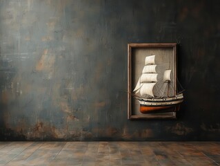 Faded oil painting of a ship, the frame chipped and worn, hanging in an old, abandoned house antique painting, timeworn art, vintage nautical