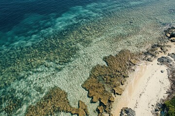 Obraz premium aerial photography,shorelines of philippines, camera looking towards the ocean horizon, clear water with visible sand and rocks underneath with generative ai