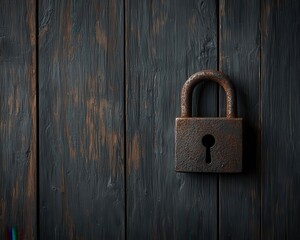 A rusty padlock still attached to a decayed wooden door, symbolizing old secrets and forgotten places antique padlock, timeworn, rusted security