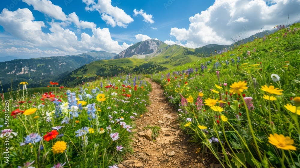 Poster a path winds through a field of wildflowers, with a mountain in the background