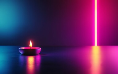 A serene candle glowing with vibrant neon light, creating a tranquil atmosphere and enhancing relaxation or meditation.