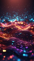 Obraz premium Futuristic data visualization with vibrant moving sound waves and glowing dots. Dynamic background.