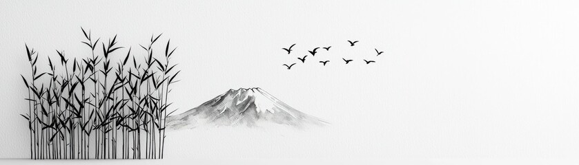Fototapeta premium Silhouetted Bamboo Snowy Mountain Watercolor on Textured White Background A Minimalist JapaneseInspired Artwork