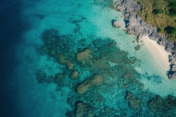 Obraz premium aerial photography,shorelines of philippines, camera looking towards the ocean horizon, clear water with visible sand and rocks underneath with generative ai
