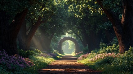 Fototapeta premium Sunlight Through the Trees An Enchanting Stone Archway in a Lush Forest Path