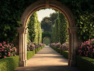 Fototapeta premium Stone Archway Leading to a Sunlit Path Through a Lush Garden