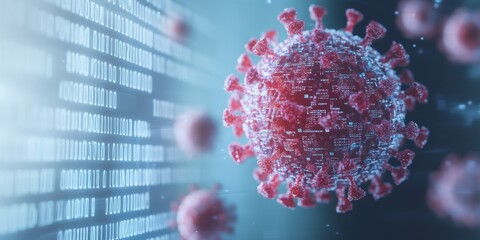 Covid-19 Impact on Modern Society Digital Composite of Virus Particles Surrounded by Code and Technology Symbols, Daytime, Neutral Mood