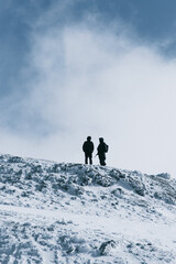 Israeli Defense Forces Soldiers guarding over the snowy peak of mount hermon in the Golan Heights on the border with Syria during the cold winter months