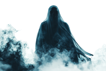 Eerie ghostly figure covered in shadows and mist, creating a haunting and mysterious atmosphere. Perfect for horror-themed designs.