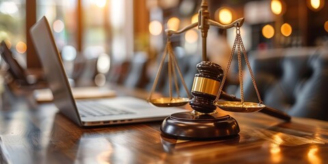 Scales of Justice and a Gavel on a Wooden Table