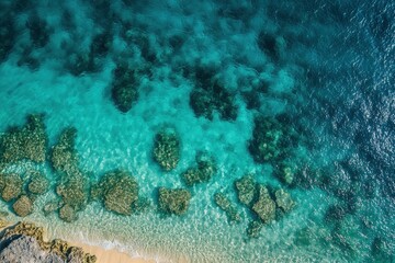 Fototapeta premium aerial photography,shorelines of philippines, camera looking towards the ocean horizon, clear water with visible sand and rocks underneath with generative ai