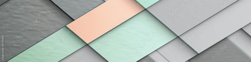 Poster a minimalist layered abstract background with overlapping geometric patterns in shades of gray, mint