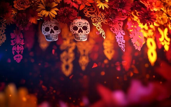 Vibrant festive decoration featuring colorful papel picado and skulls, celebrating the Dia de los Muertos tradition with lively hues.