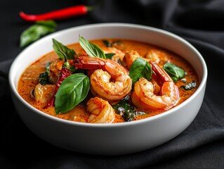 Fototapeta premium Closeup of a White Bowl with Spicy Shrimp Curry Basil and Red Chili Peppers on Black Fabric