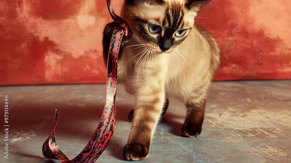 Aufkleber curious kitten playing with a colorful ribbon on a textured surface in a cozy indoor setting during 