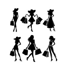Collection of stylish women silhouettes, elegant and fashionable young females with shopping bags