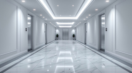 Empty elevator lobby floored in marble with modern lighting