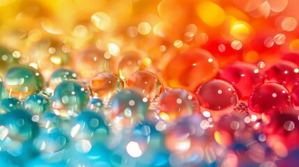 Close-up of water beads with a gradient of intense colors creating a lively and eye-catching visual impact