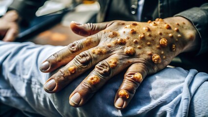 Obraz premium Close-Up of Monkeypox Infection: Hand with Pustules and Lesions