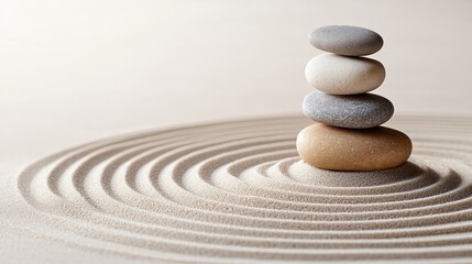 Zen Garden Stacked Stones on Circular Ripples of Sand Minimalist Perspective