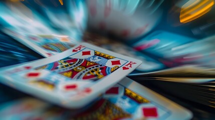 Fototapeta premium Cards in Motion: A dynamic image of playing cards being shuffled, with motion blur effects capturing the action. 