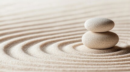 Zen Stones on a Sand Garden Closeup Perspective with Subtle Lighting and Textured Detail