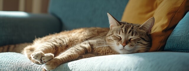 Relaxed tabby cat lounging on a comfortable couch in a sunlit living room during midday
