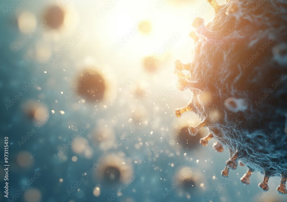 Poster microscopic view of viral particles with glowing sun metaphorizing epidemic spread