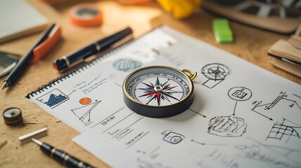 Compass on a Page with Hand-Drawn Diagrams and Sketches